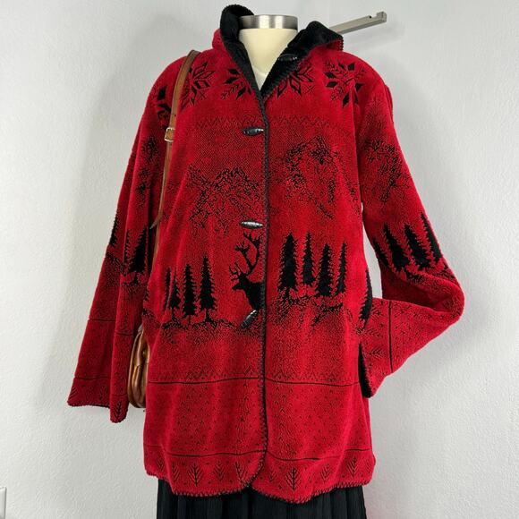Vintage Reversible Fleece Jacket Red Black Hooded Deer Elk Mountain Size XL - Picture 1 of 8
